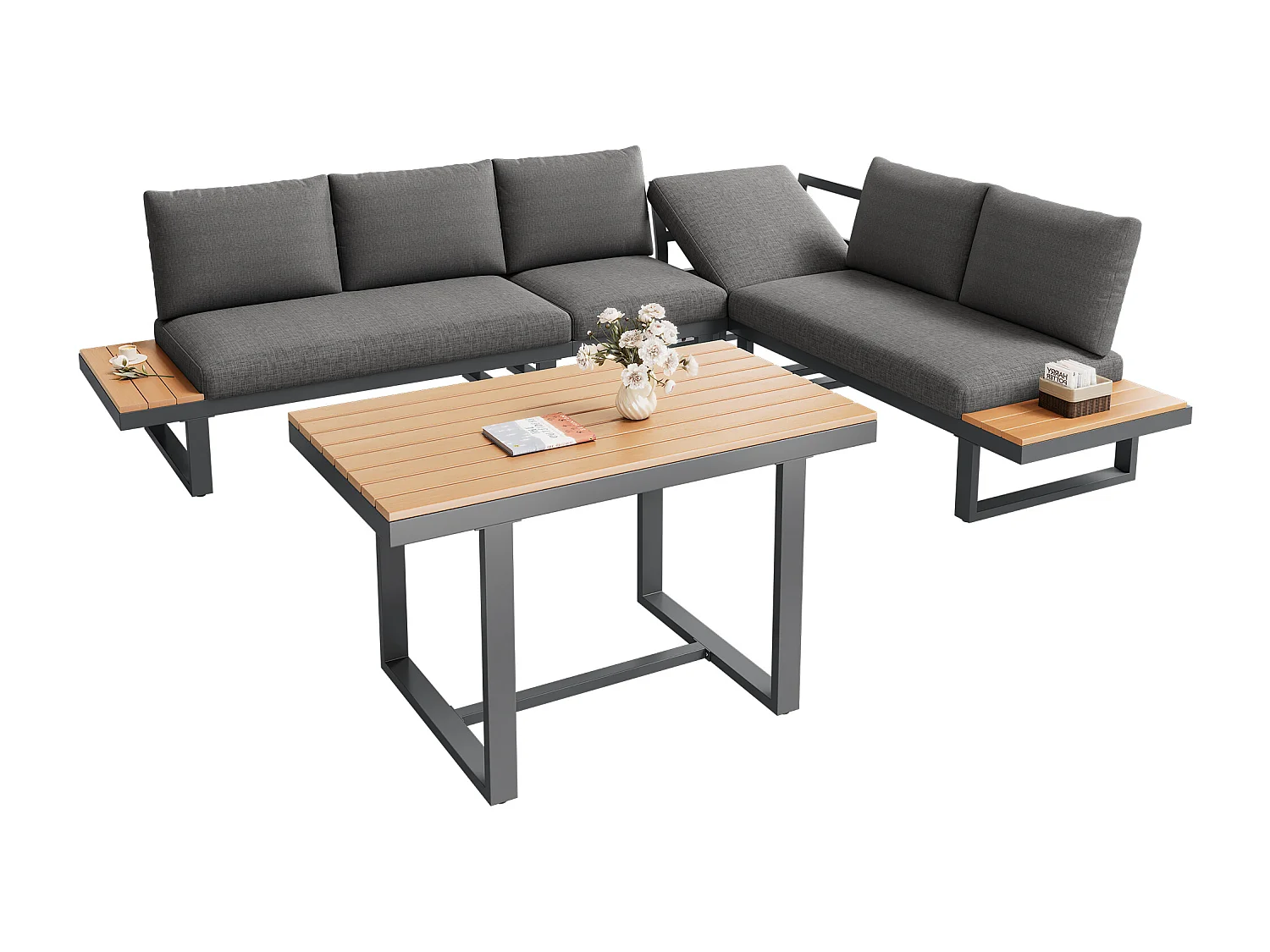Conjunto de muebles de jardín - 195 x 195 x 76 cm - con sofá reclinable + mesas de centro - Poliéster + metal - negro + gris