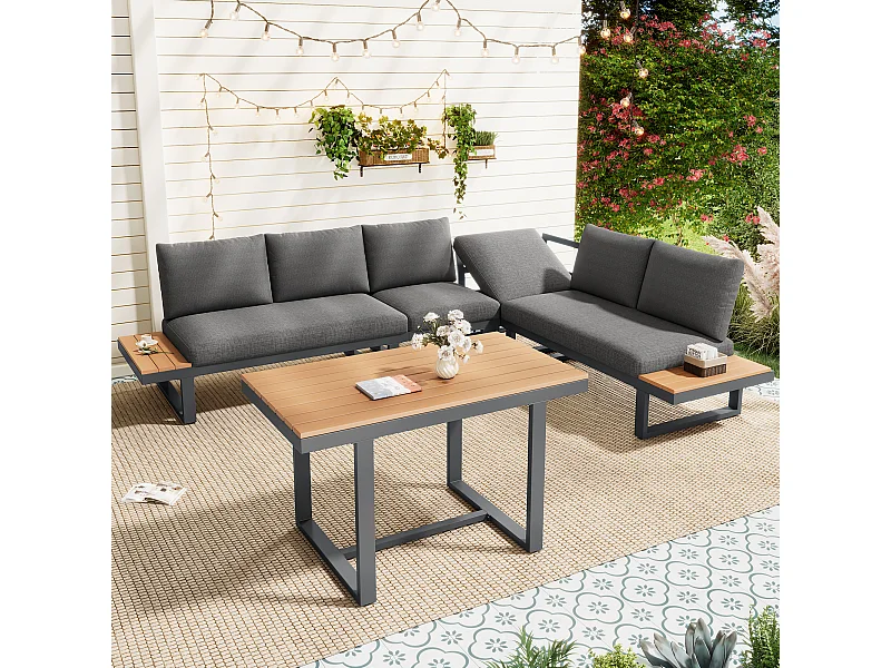 Ensemble de mobilier de jardin - 195 x 195 x 76 cm - avec canapé inclinable + tables basses - Polyester + métal - noir + gris