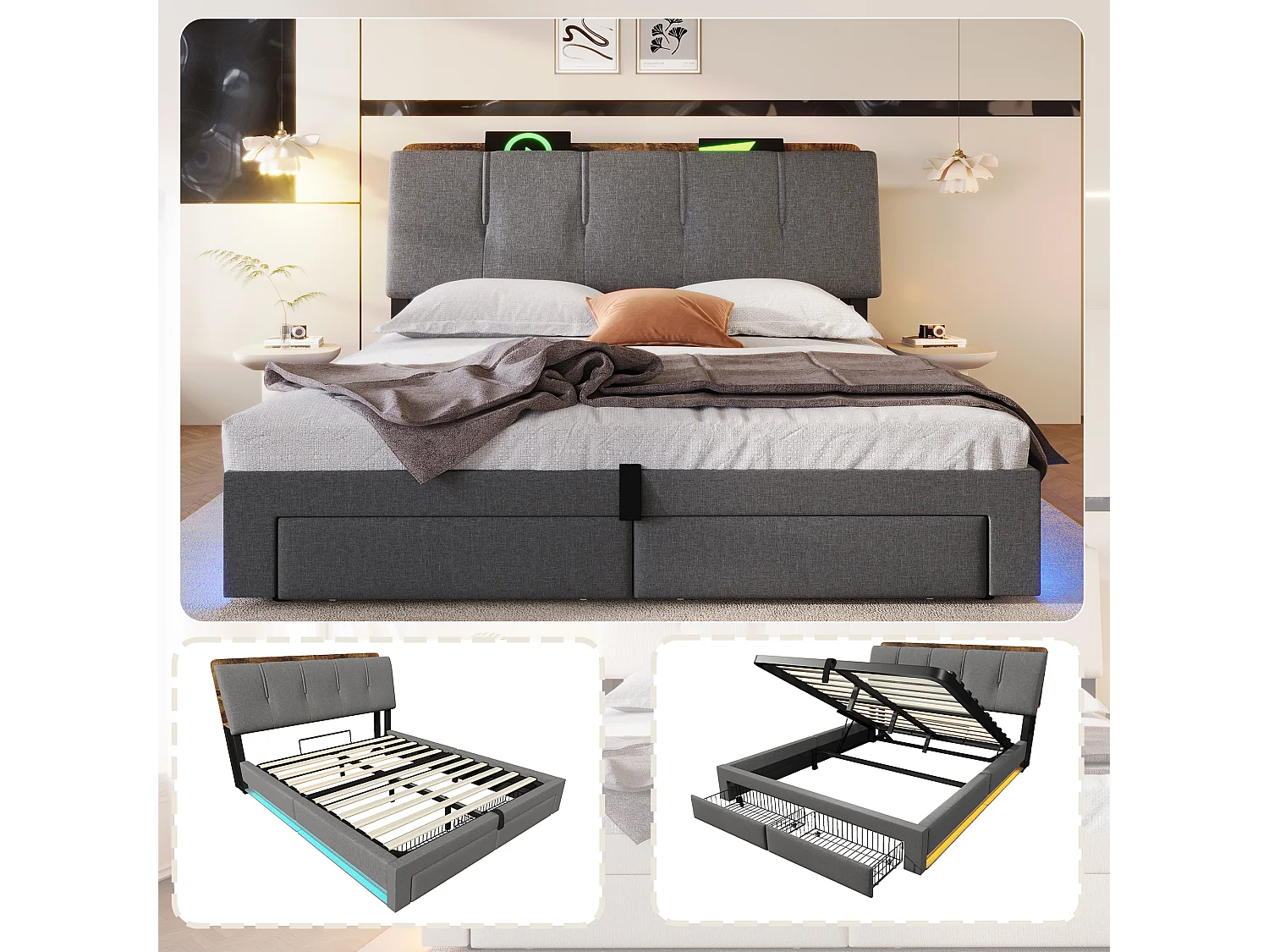 Lit coffre capitonné - 140 x 200 cm - suspension hydraulique - ave USB + Leds + 2 tiroirs + tête de lit - lin - gris