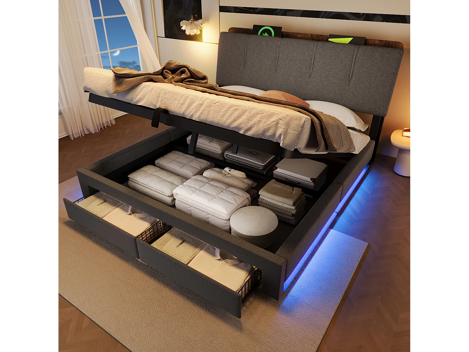 Lit coffre capitonné - 140 x 200 cm - suspension hydraulique - ave USB + Leds + 2 tiroirs + tête de lit - lin - gris