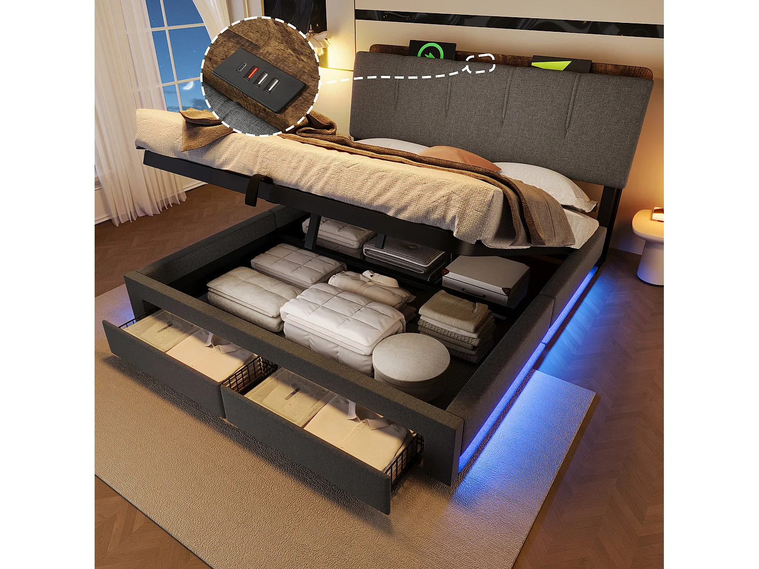 Lit coffre capitonné - 140 x 200 cm - suspension hydraulique - ave USB + Leds + 2 tiroirs + tête de lit - lin - gris