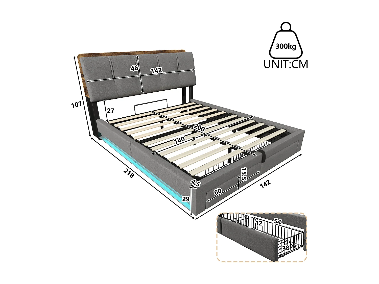 Lit coffre capitonné - 140 x 200 cm - suspension hydraulique - ave USB + Leds + 2 tiroirs + tête de lit - lin - gris