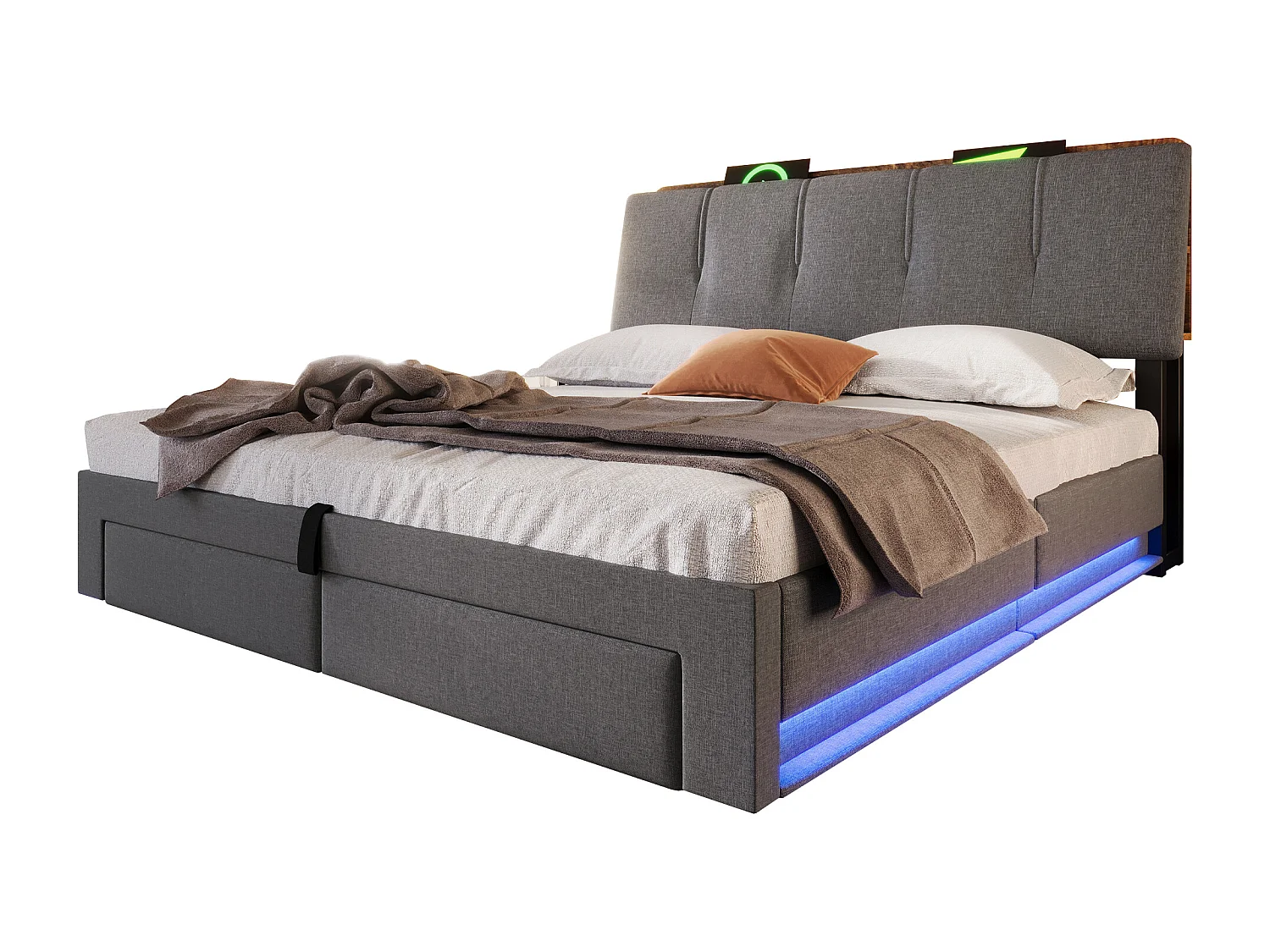 Lit coffre capitonné - 140 x 200 cm - suspension hydraulique - ave USB + Leds + 2 tiroirs + tête de lit - lin - gris