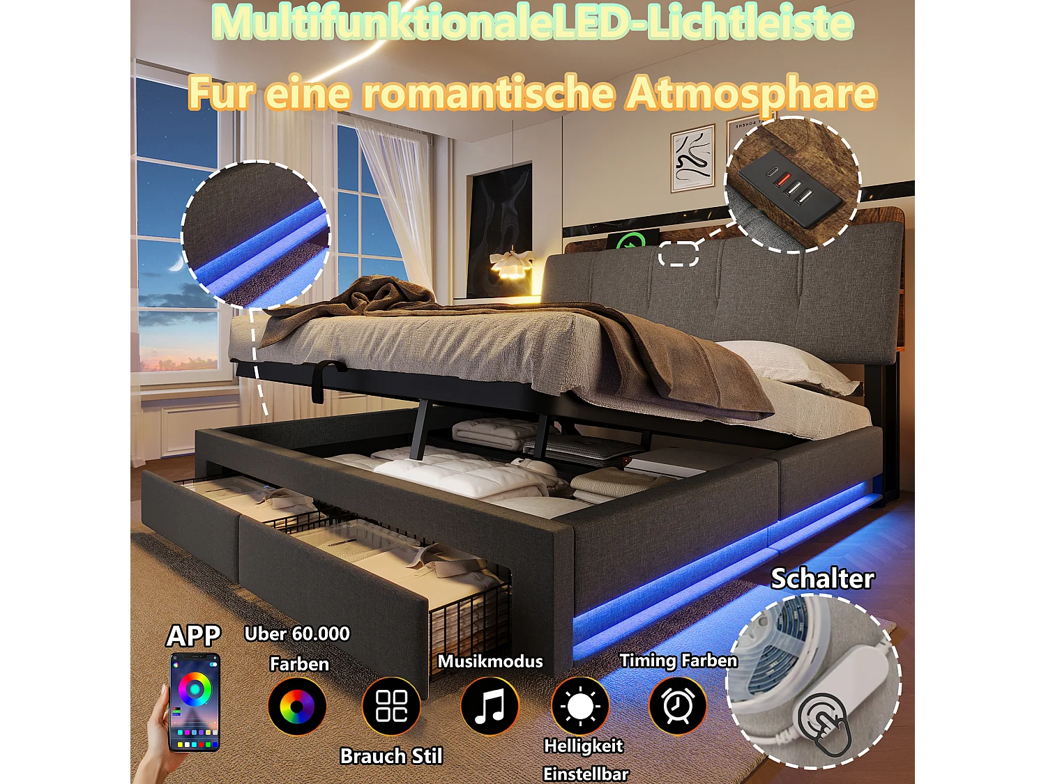 Lit coffre capitonné - 140 x 200 cm - suspension hydraulique - ave USB + Leds + 2 tiroirs + tête de lit - lin - gris