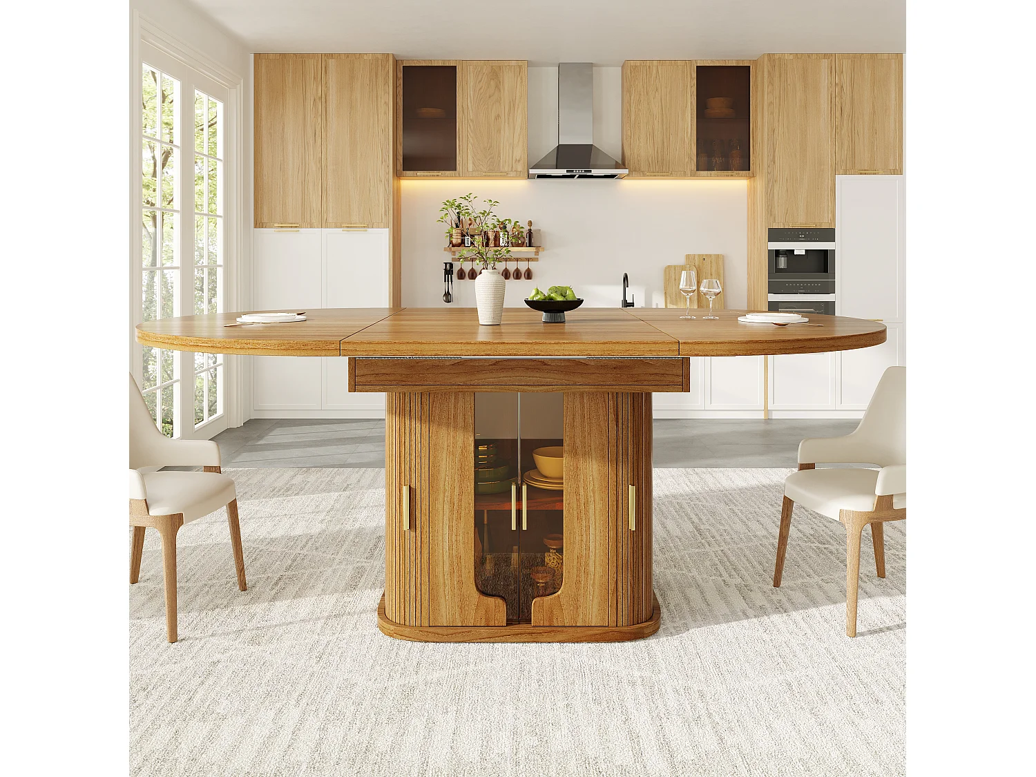 Table de salle à manger extensible 6 places - 118/158 x 118 x 77 cm - avec 3 portes + étagères - MDF - naturel