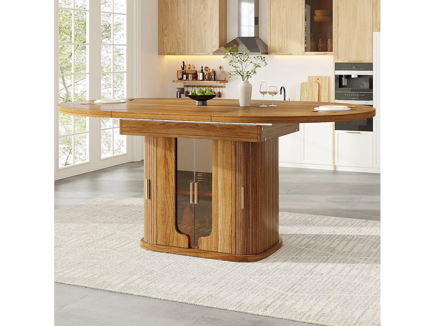 Table de salle à manger extensible 6 places - 118/158 x 118 x 77 cm - avec 3 portes + étagères - MDF - naturel