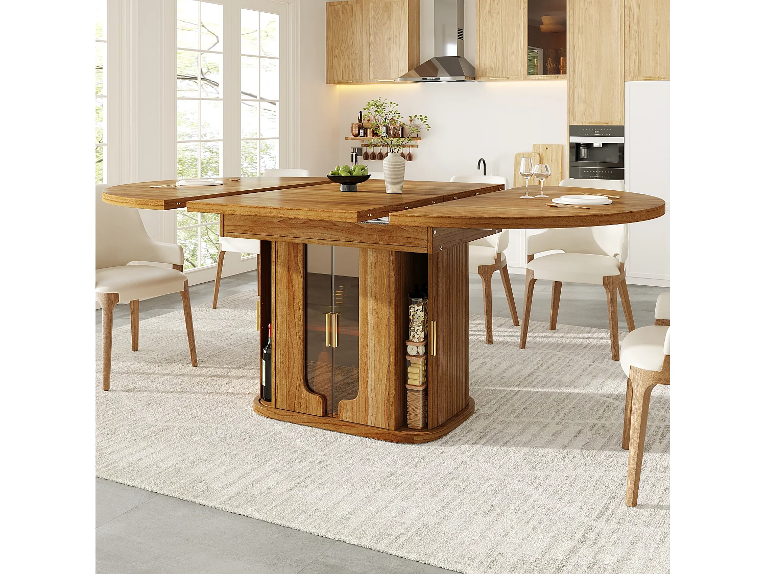 Table de salle à manger extensible 6 places - 118/158 x 118 x 77 cm - avec 3 portes + étagères - MDF - naturel