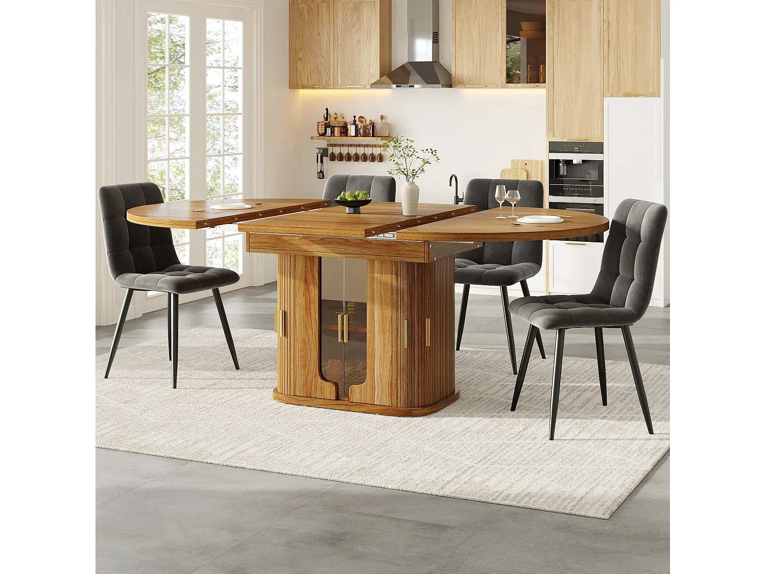 Table de salle à manger extensible 6 places - 118/158 x 118 x 77 cm - avec 3 portes + étagères - MDF - naturel