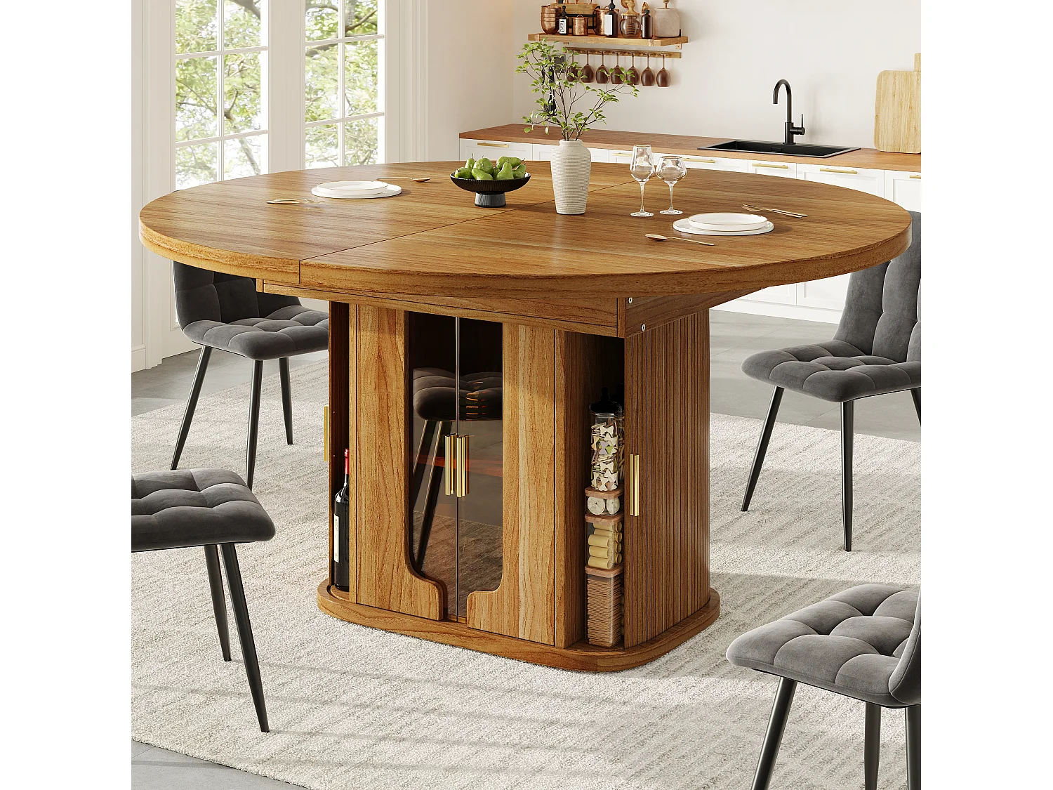 Table de salle à manger extensible 6 places - 118/158 x 118 x 77 cm - avec 3 portes + étagères - MDF - naturel