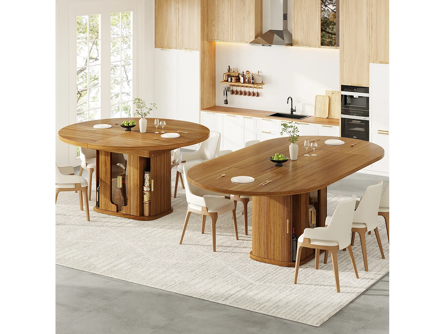 Table de salle à manger extensible 6 places - 118/158 x 118 x 77 cm - avec 3 portes + étagères - MDF - naturel