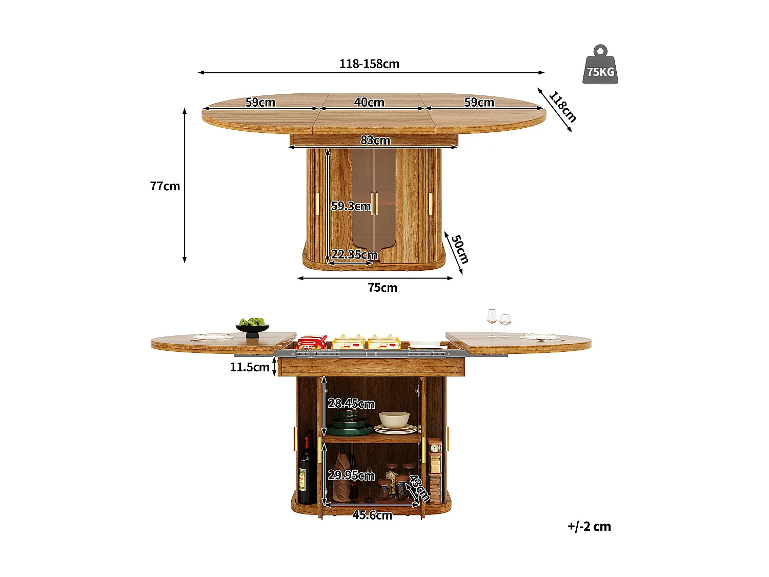 Table de salle à manger extensible 6 places - 118/158 x 118 x 77 cm - avec 3 portes + étagères - MDF - naturel