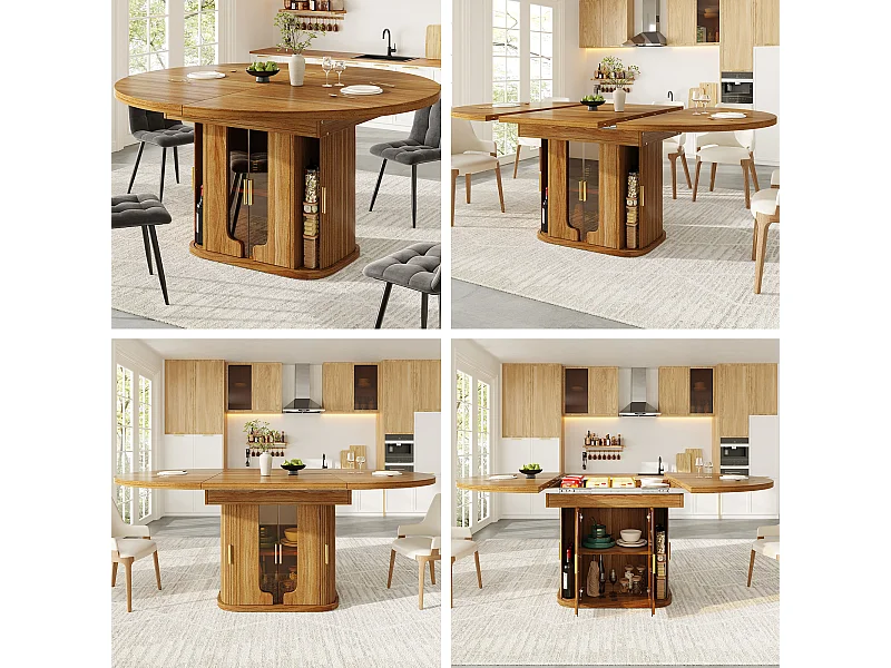 Table de salle à manger extensible 6 places - 118/158 x 118 x 77 cm - avec 3 portes + étagères - MDF - naturel