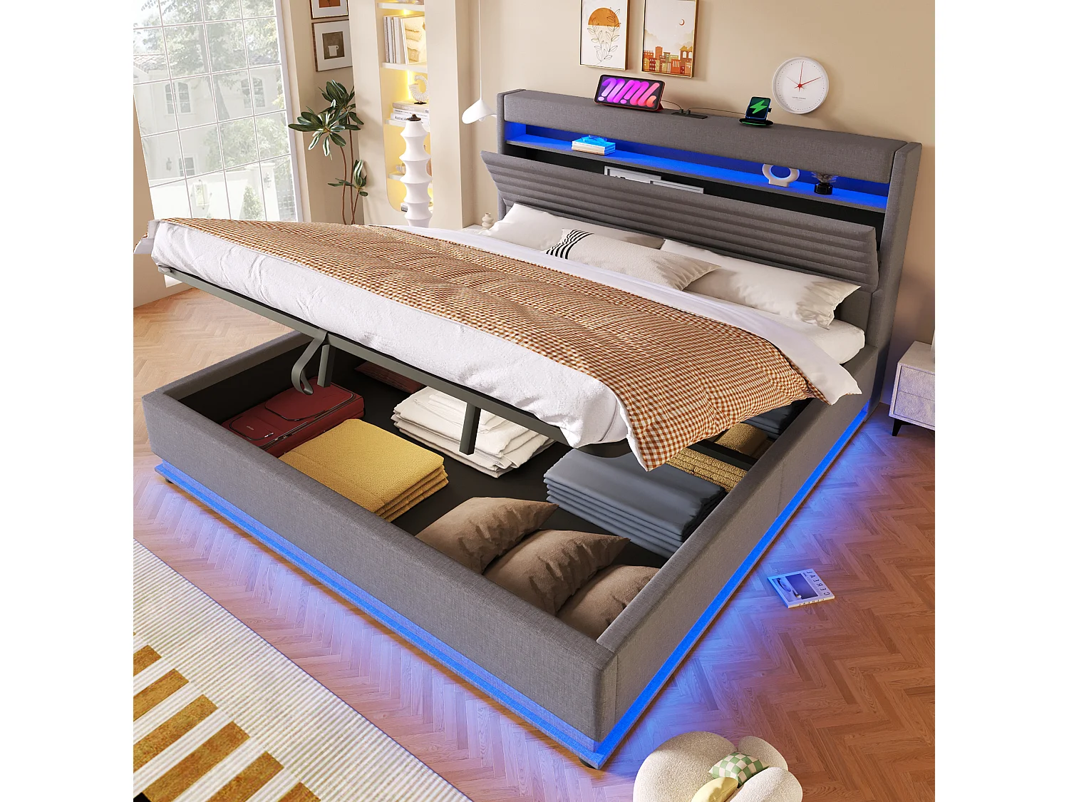 Lit coffre capitonné - 180 x 200 cm - avec USB + Leds + suspension hydraulique + tête de lit de rangement rabattable - lin - gris