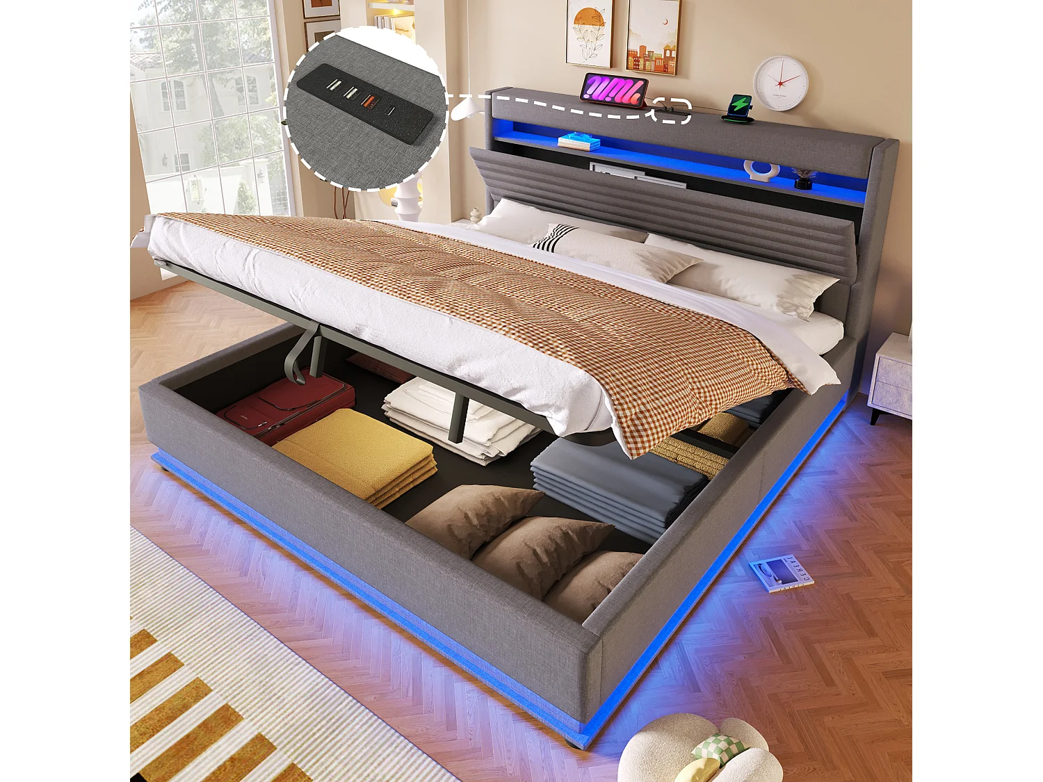 Lit coffre capitonné - 180 x 200 cm - avec USB + Leds + suspension hydraulique + tête de lit de rangement rabattable - lin - gris