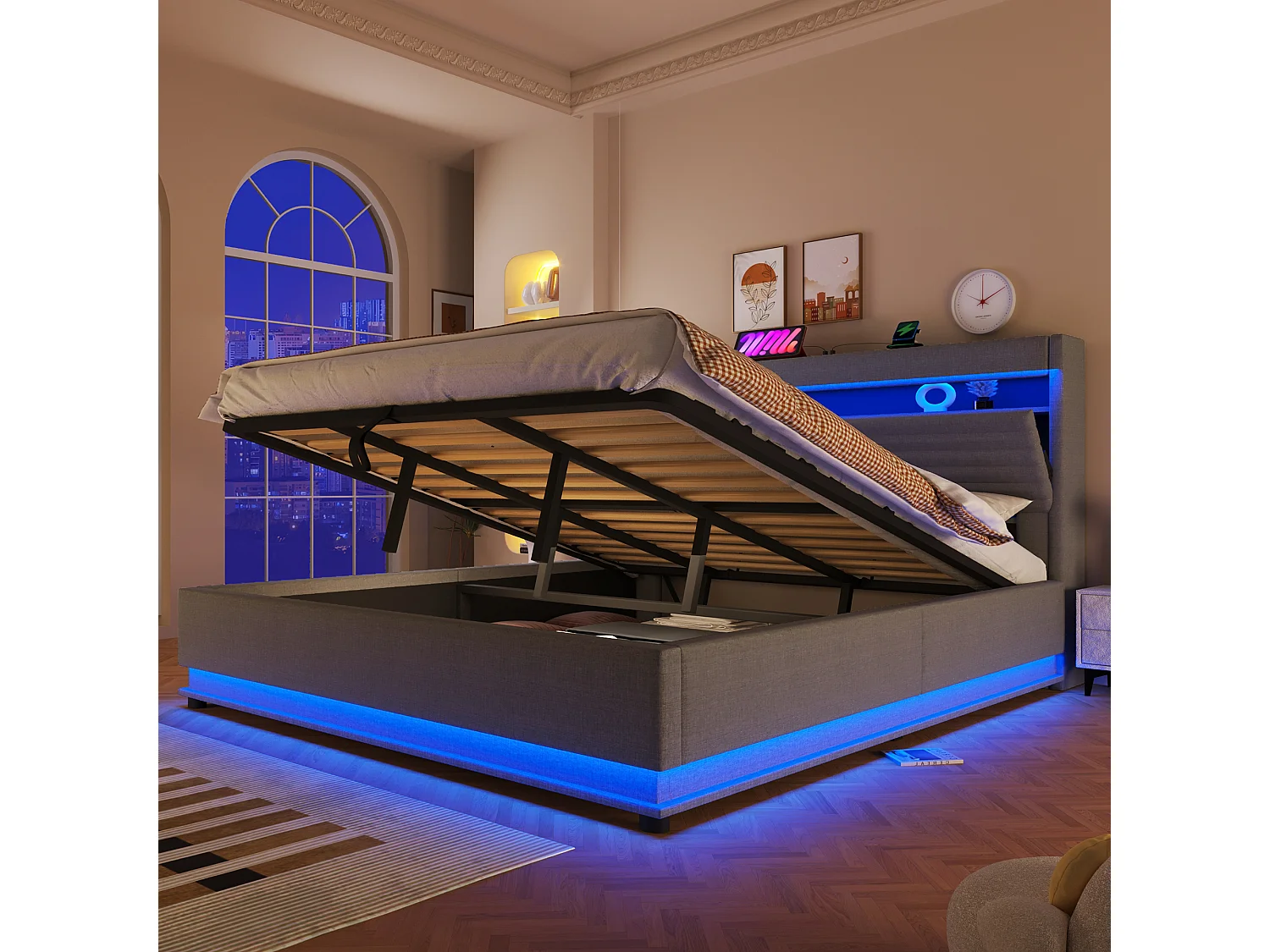 Lit coffre capitonné - 180 x 200 cm - avec USB + Leds + suspension hydraulique + tête de lit de rangement rabattable - lin - gris