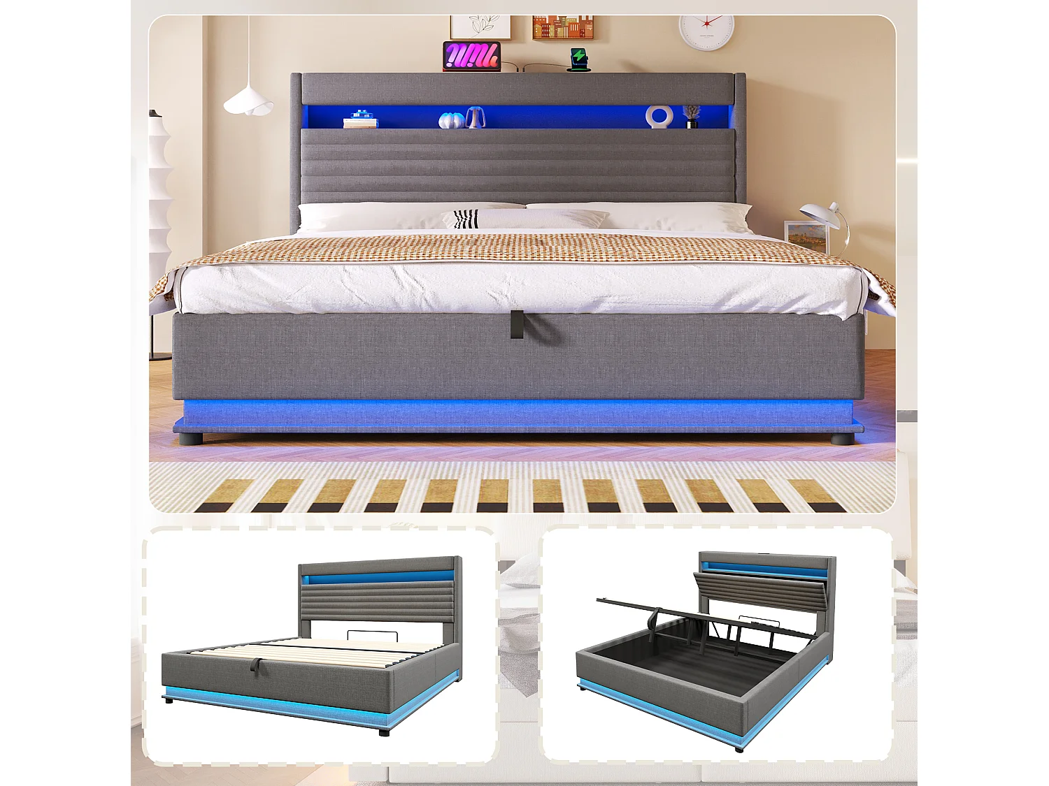 Lit coffre capitonné - 180 x 200 cm - avec USB + Leds + suspension hydraulique + tête de lit de rangement rabattable - lin - gris