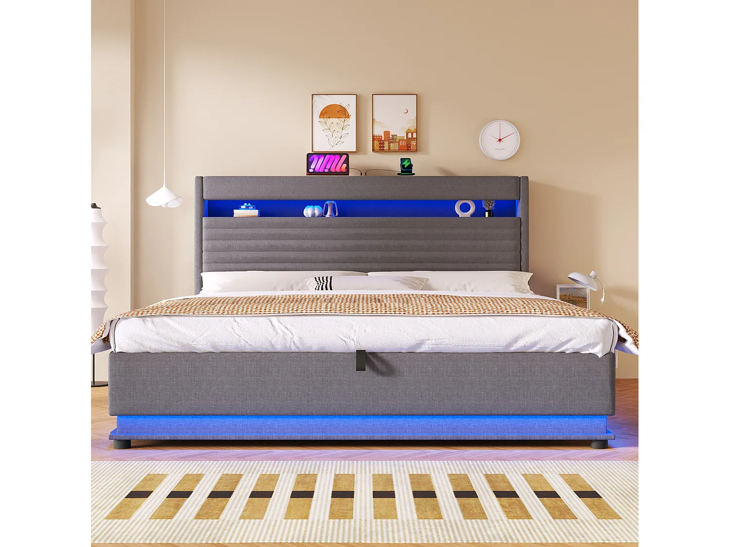 Lit coffre capitonné - 180 x 200 cm - avec USB + Leds + suspension hydraulique + tête de lit de rangement rabattable - lin - gris