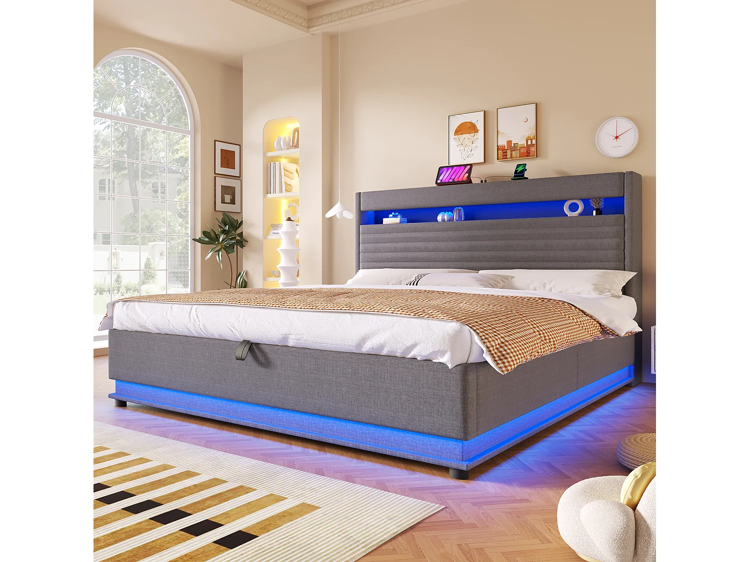 Lit coffre capitonné - 180 x 200 cm - avec USB + Leds + suspension hydraulique + tête de lit de rangement rabattable - lin - gris