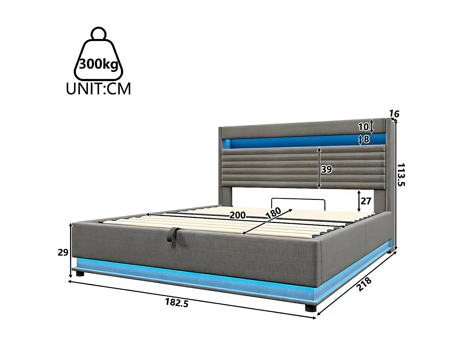Lit coffre capitonné - 180 x 200 cm - avec USB + Leds + suspension hydraulique + tête de lit de rangement rabattable - lin - gris