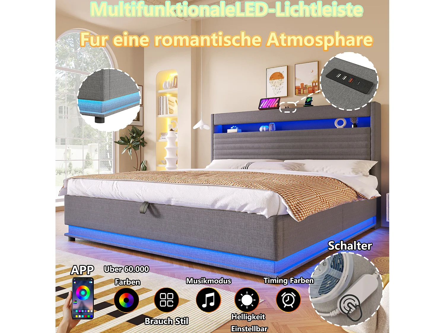 Lit coffre capitonné - 180 x 200 cm - avec USB + Leds + suspension hydraulique + tête de lit de rangement rabattable - lin - gris