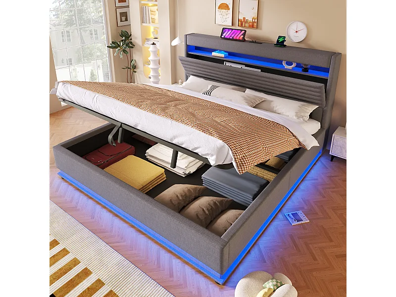 Letto contenitore imbottito - 180 x 200 cm - con USB + LED + sospensioni idrauliche + testiera contenitore ribaltabile - lino - grigio