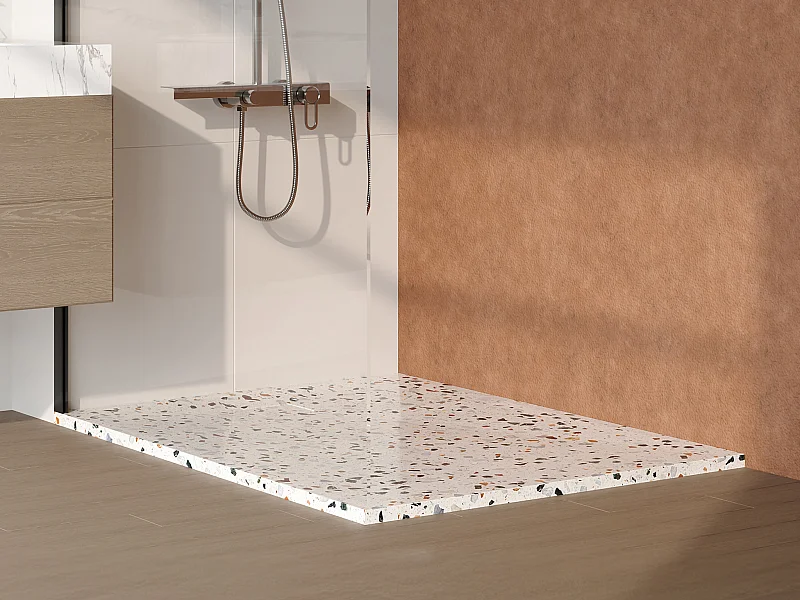 Receveur extra-plat à poser ou à encastrer recoupable en résine SMC avec siphon - Effet terrazzo blanc - 120 x 90 cm - MIRNOSA
