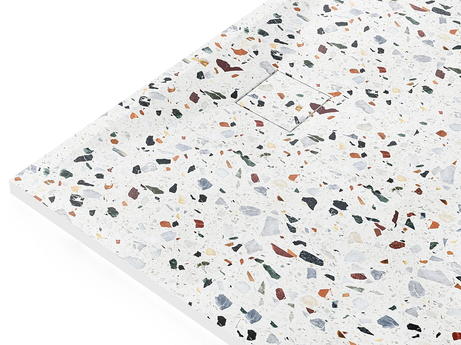 Receveur extra-plat à poser ou à encastrer recoupable en résine SMC avec siphon - Effet terrazzo blanc - 140 x 90 cm - MIRNOSA
