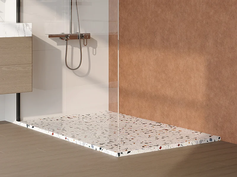 Receveur extra-plat à poser ou à encastrer recoupable en résine SMC avec siphon - Effet terrazzo blanc - 140 x 90 cm - MIRNOSA