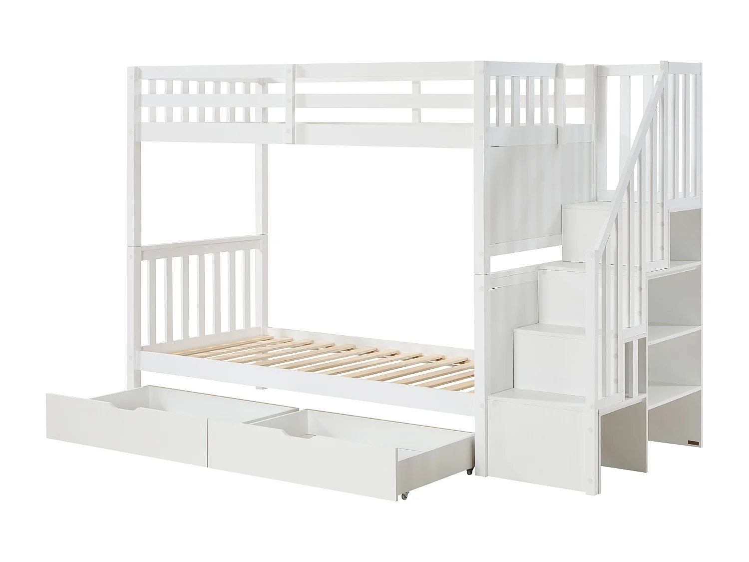 Lits superposés 90 x 190 cm avec tiroirs - Pin et MDF - Blanc + Matelas - ZILENI