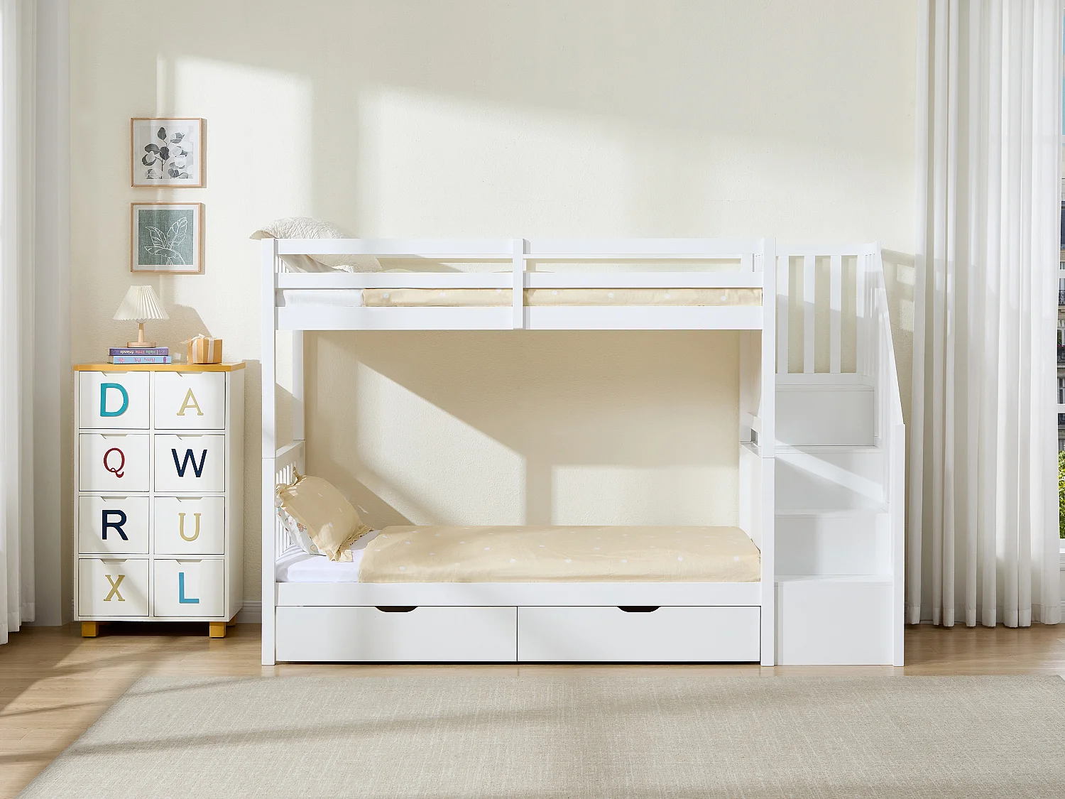 Lits superposés 90 x 190 cm avec tiroirs - Pin et MDF - Blanc + Matelas - ZILENI