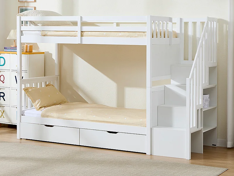 Lits superposés 90 x 190 cm avec tiroirs - Pin et MDF - Blanc + Matelas - ZILENI