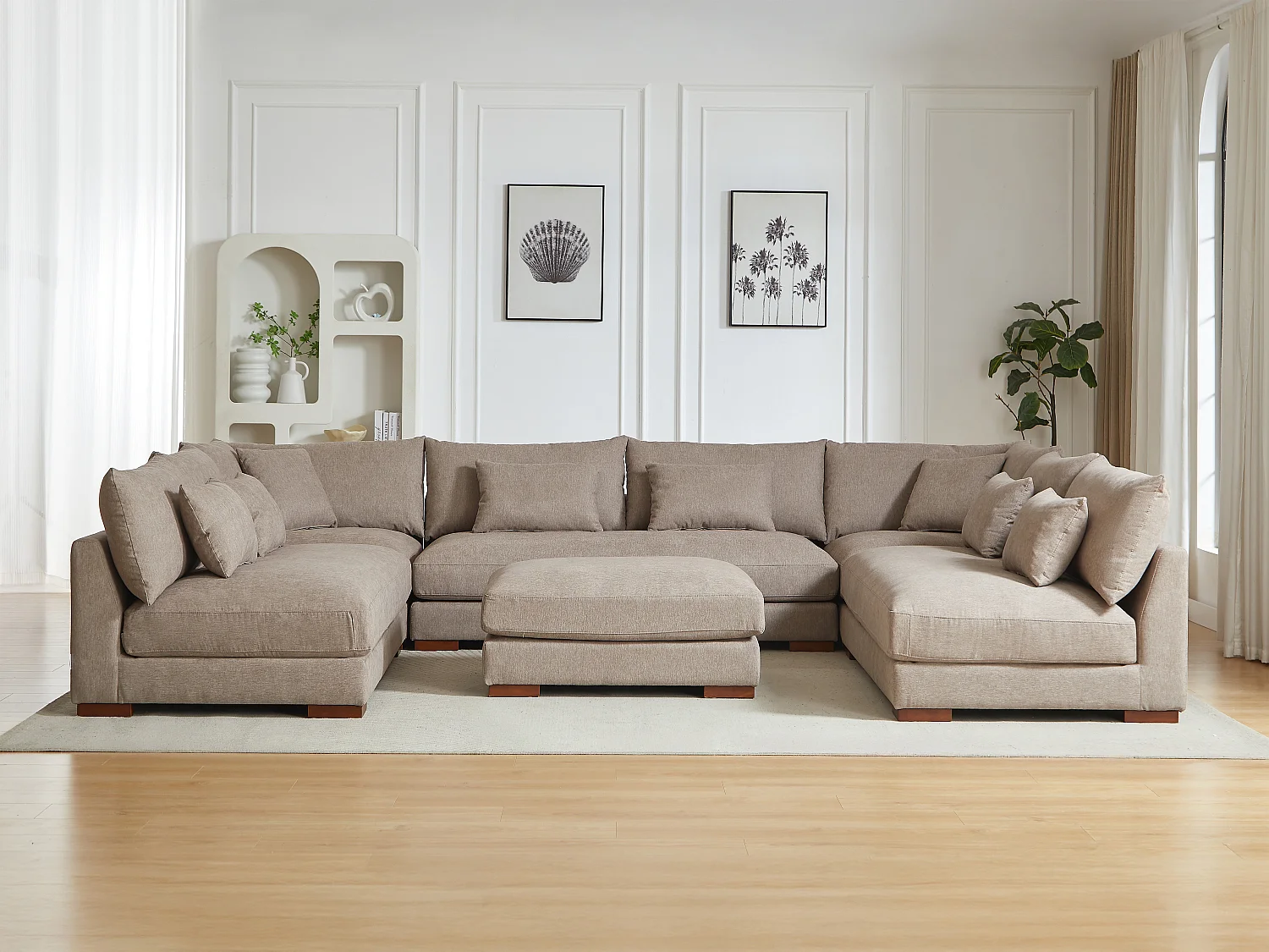 Grand canapé d'angle panoramique et pouf en tissu beige SPERONE