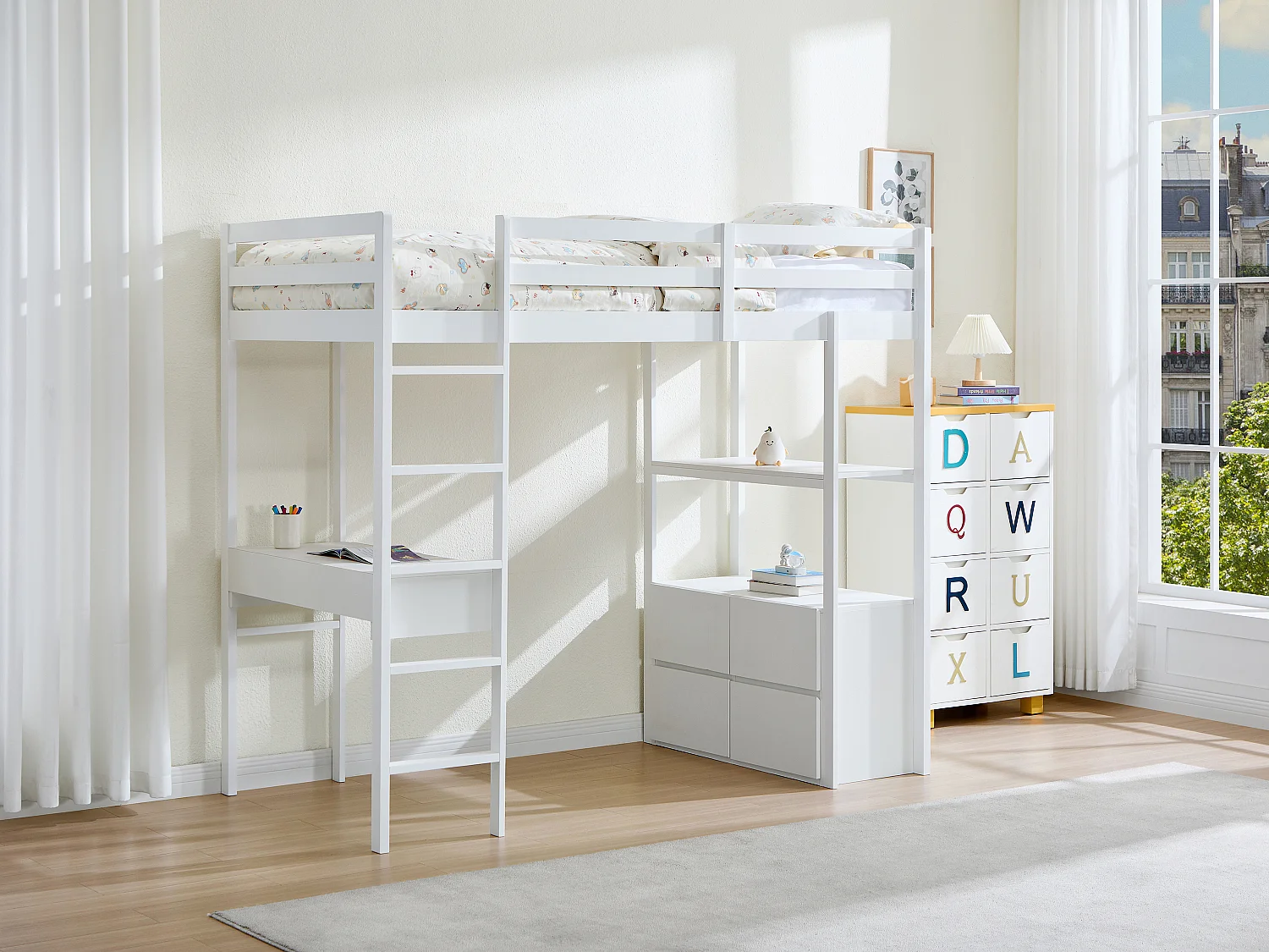 Lit mezzanine 90 x 190 cm avec bureau et rangements - Pin et MDF - Blanc + Matelas - KALIZI