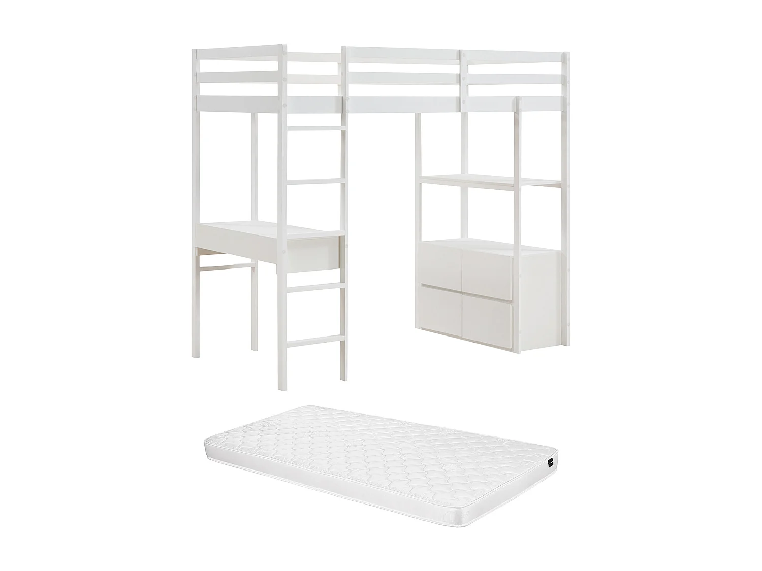 Lit mezzanine 90 x 190 cm avec bureau et rangements - Pin et MDF - Blanc + Matelas - KALIZI