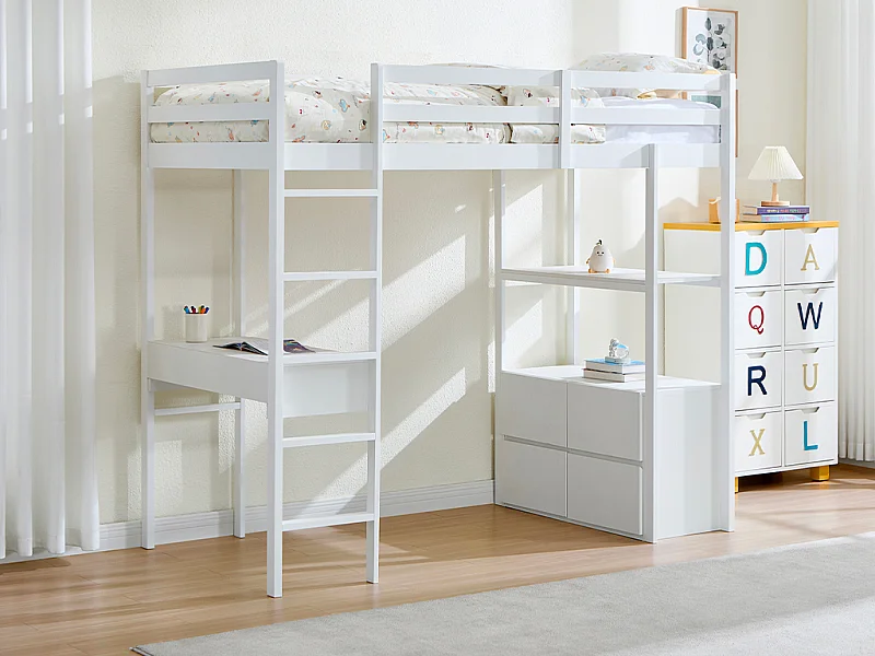 Lit mezzanine 90 x 190 cm avec bureau et rangements - Pin et MDF - Blanc + Matelas - KALIZI