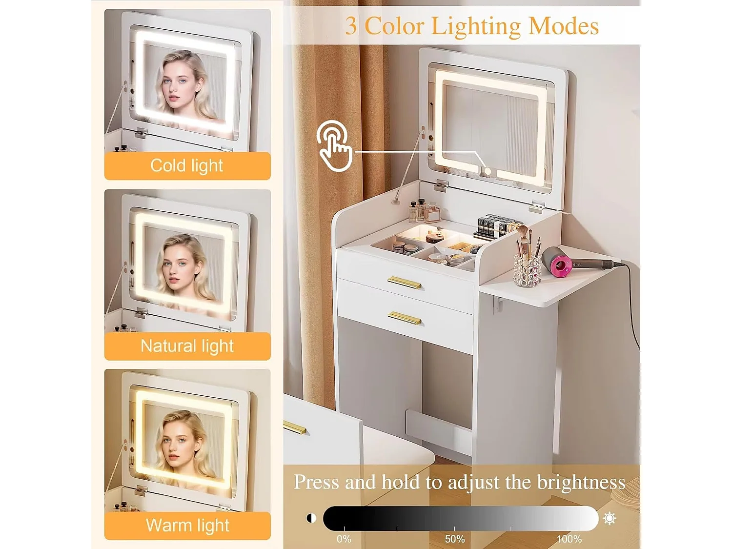 Coiffeuse compacte avec Miroir LED Rabattable + Tabouret – Mobilier Fonctionnel idéal pour Petits espaces.