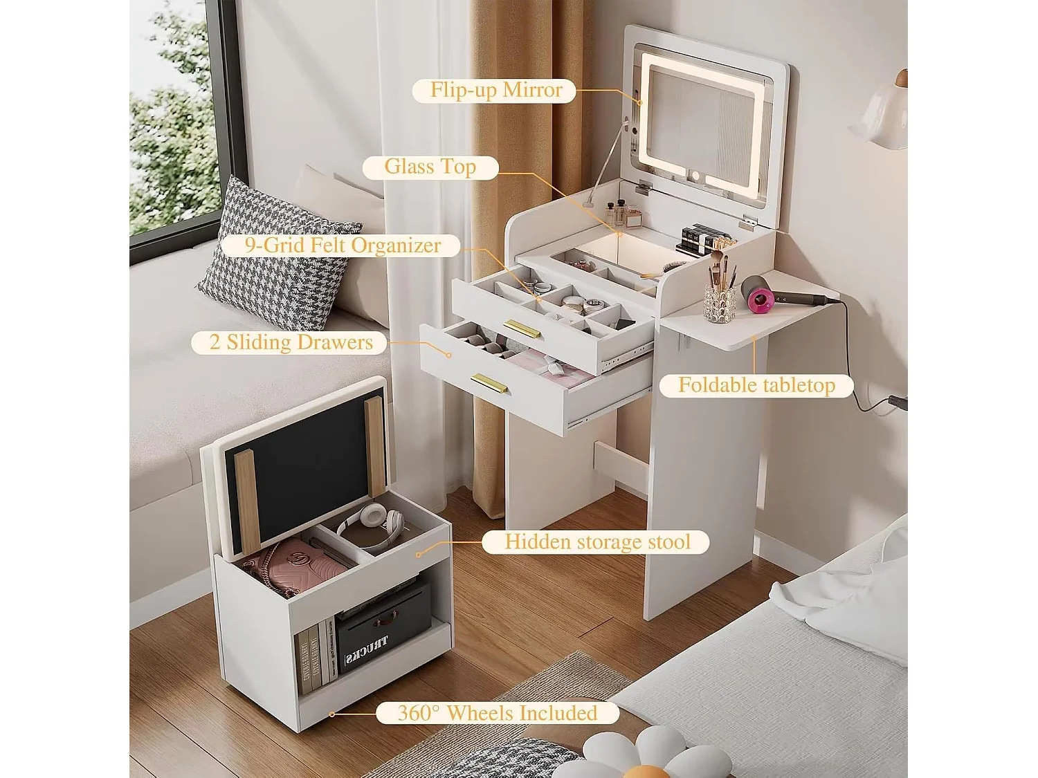 Coiffeuse compacte avec Miroir LED Rabattable + Tabouret – Mobilier Fonctionnel idéal pour Petits espaces.