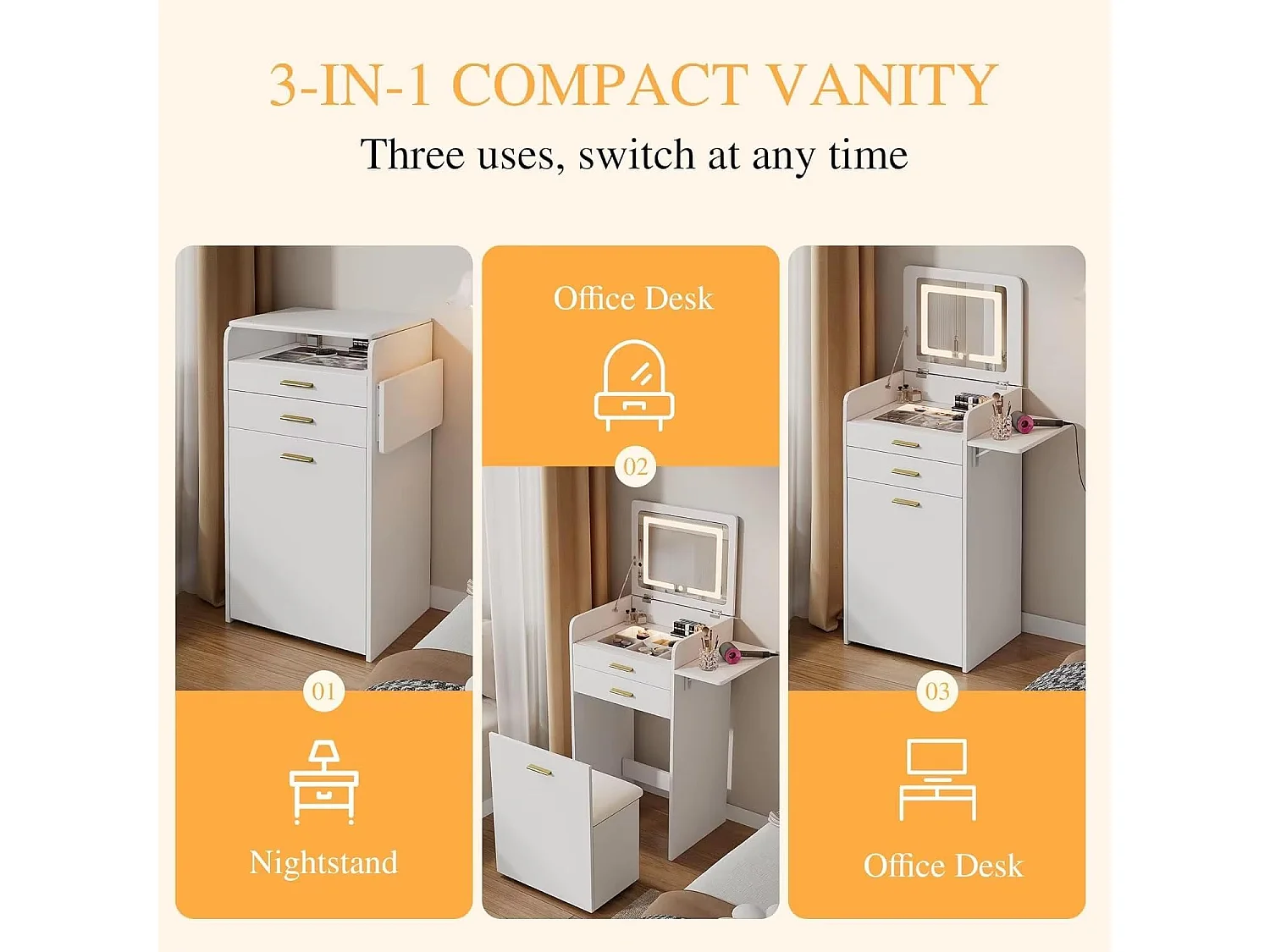 Coiffeuse compacte avec Miroir LED Rabattable + Tabouret – Mobilier Fonctionnel idéal pour Petits espaces.