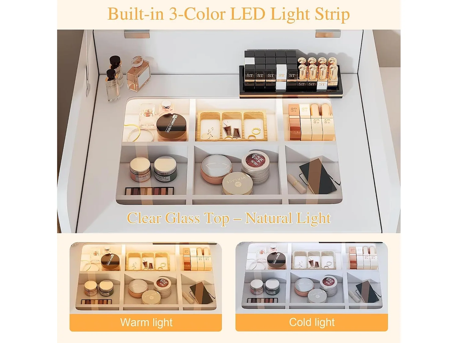 Coiffeuse compacte avec Miroir LED Rabattable + Tabouret – Mobilier Fonctionnel idéal pour Petits espaces.