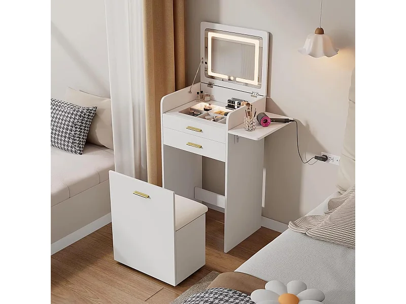 Coiffeuse compacte avec Miroir LED Rabattable + Tabouret – Mobilier Fonctionnel idéal pour Petits espaces.