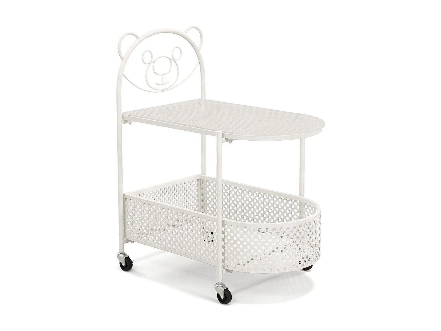 Table Basse Mobile en Verre Table d'Appoint à 2 Niveaux avec Motif Ours Panier de Rangement Cadre en Métal Roulettes Verrouillables Blanc