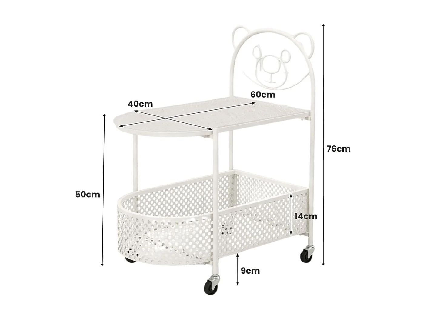 Table Basse Mobile en Verre Table d'Appoint à 2 Niveaux avec Motif Ours Panier de Rangement Cadre en Métal Roulettes Verrouillables Blanc