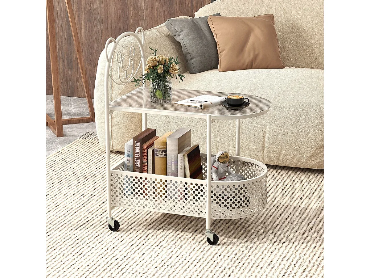 Table Basse Mobile en Verre Table d'Appoint à 2 Niveaux avec Motif Ours Panier de Rangement Cadre en Métal Roulettes Verrouillables Blanc