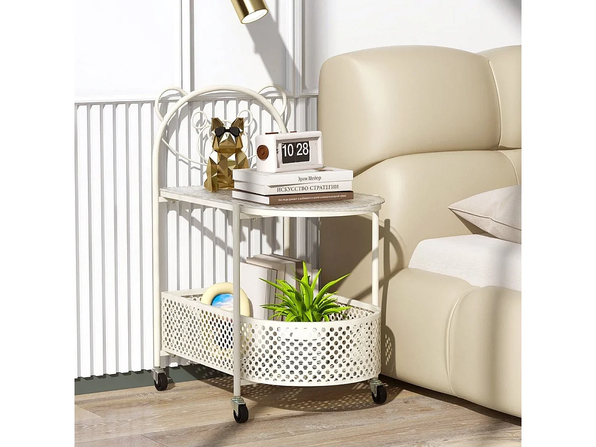 Table Basse Mobile en Verre Table d'Appoint à 2 Niveaux avec Motif Ours Panier de Rangement Cadre en Métal Roulettes Verrouillables Blanc