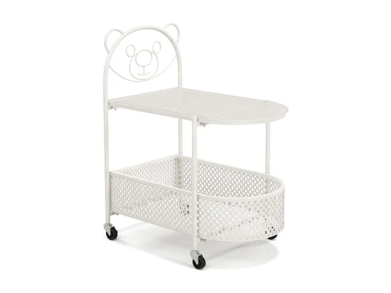 Table Basse Mobile en Verre Table d'Appoint à 2 Niveaux avec Motif Ours Panier de Rangement Cadre en Métal Roulettes Verrouillables Blanc