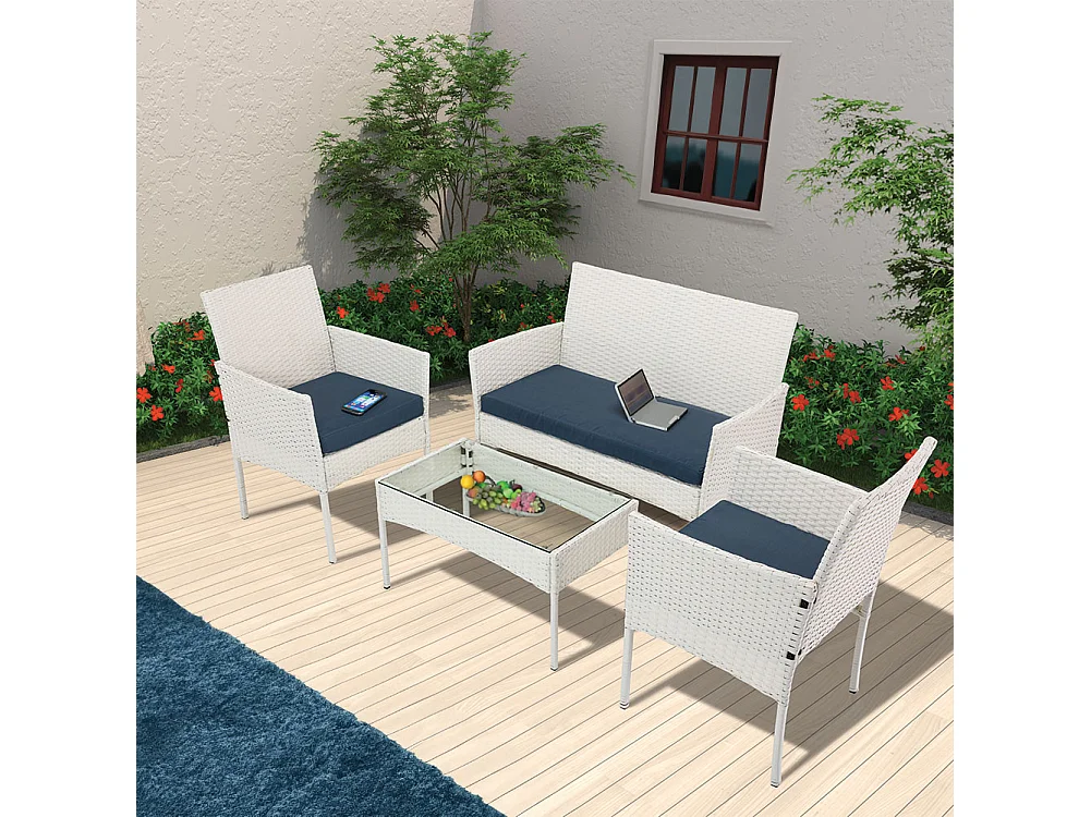 Set Salotto Completo Divano Poltrone Tavolino Poly Rattan Arredo Giardino Bianco