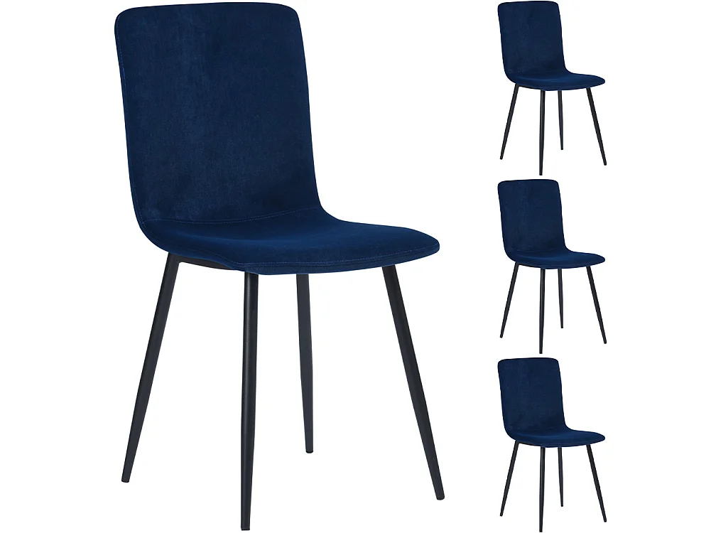Set 4 Sedie per Sala da Pranzo in Velluto Blu con Gambe Nere Seduta Ergonomica
