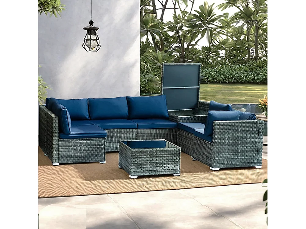 Set Salotto Patio Divano 8 Pezzi Componibile in Polyrattan e Tavolo Contenitore