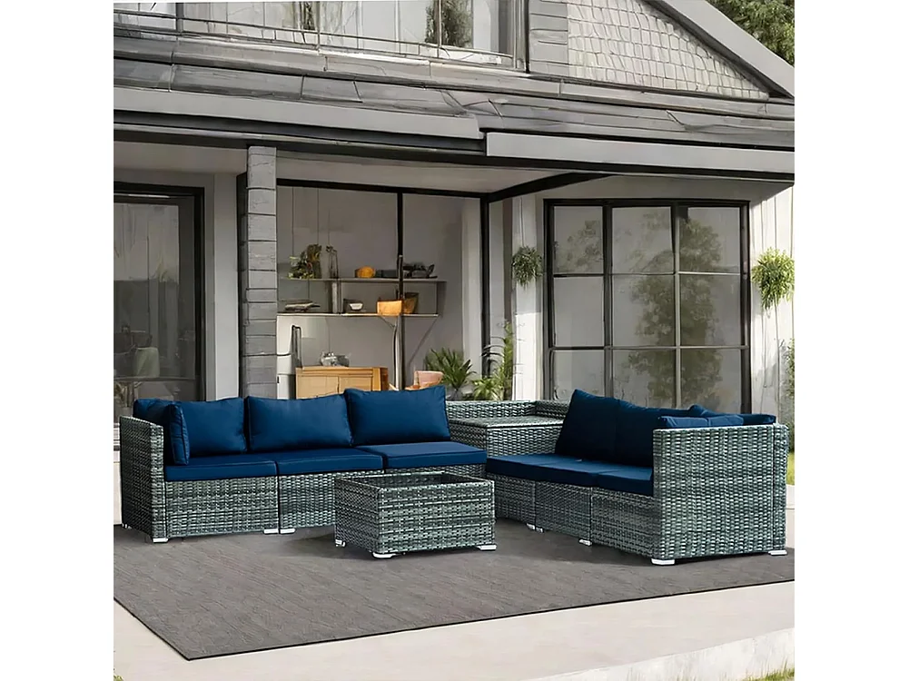 Set Salotto Patio Divano 8 Pezzi Componibile in Polyrattan e Tavolo Contenitore