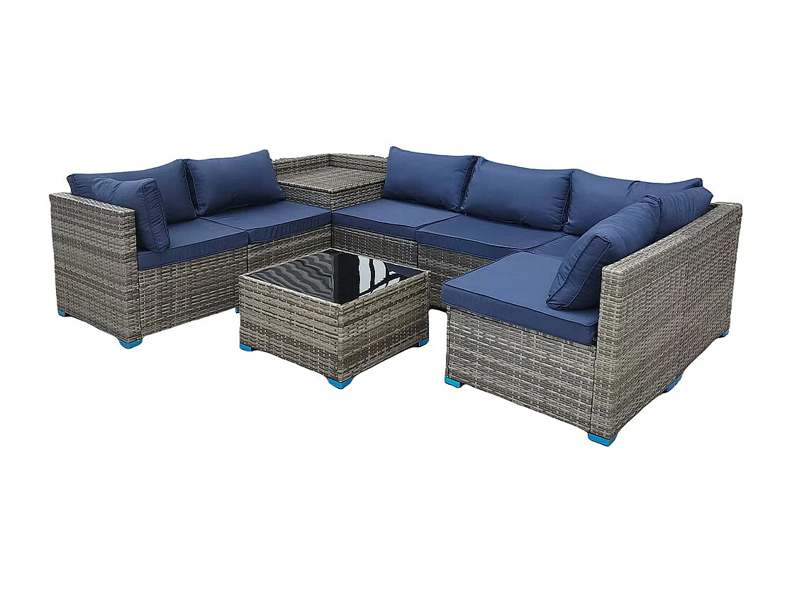 Set Salotto Patio Divano 8 Pezzi Componibile in Polyrattan e Tavolo Contenitore